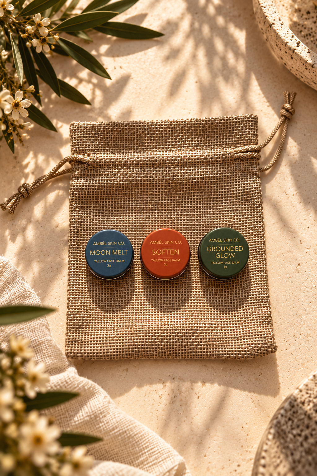 AMBĒL Discovery Ritual Sample Pack with Grounded Glow, Soften and Moon Melt tallow face balm samples